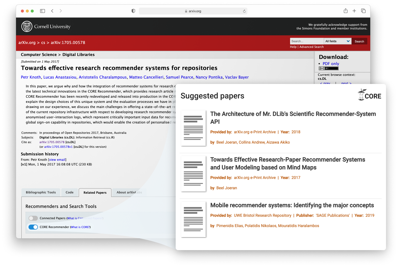 CORE Recommender on arXiv metadata page screenshot